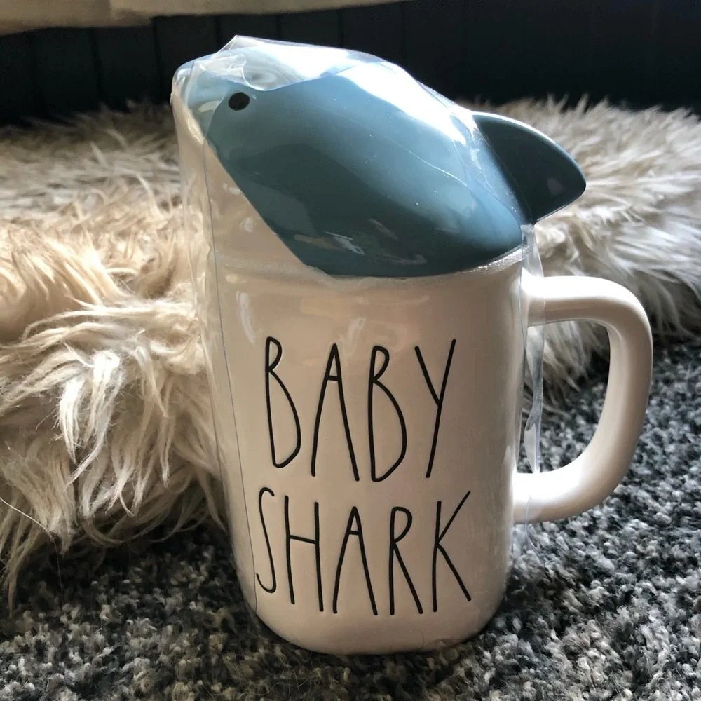 Rae Dunn White Mug with Blue Shark Lid 